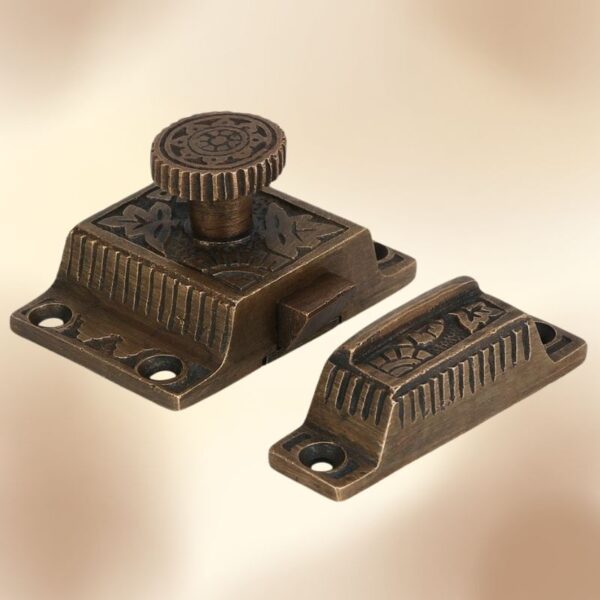 Solid Brass Cabinet Latch with Flower Knob – Weathered Bronze Finish - Image 3