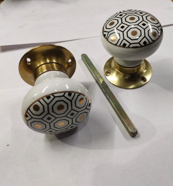 Geometric Pattern Ceramic Door Knob with Gold Highlights